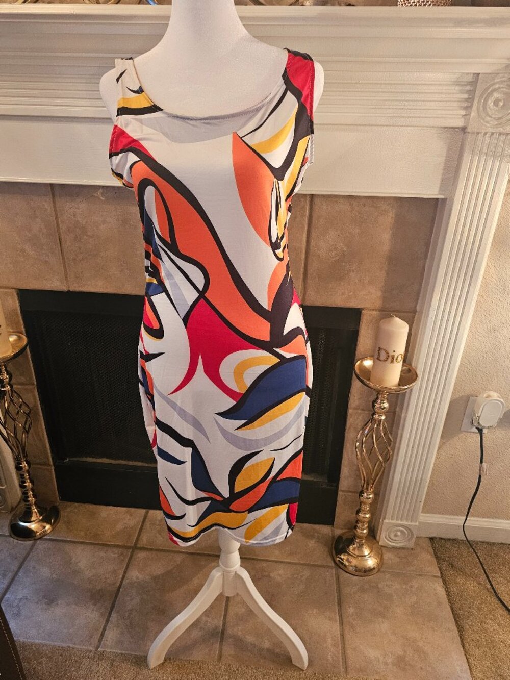 Abstract Print Bodycon Midi Dress | Size Medium | Stretch Sleeveless
